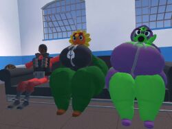 1boy 2futas 2girls 3d anthro big_ass big_breasts black_panties black_shirt breasts bubble_ass bubble_butt calico_cat cat_ears cat_tail females funny furry futanari green_body green_shadow_(pvz) grey_floor plants_vs_zombies plants_vs_zombies:_heroes purple_pants purple_shirt rec_room solar_flare_(pvz) team_fortress_2 thick_ass thick_thighs tv video weirdmaker43 white_background