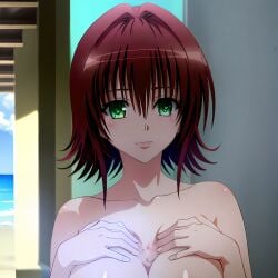 ai_generated beach big_breasts blush breasts covered_nipples hentai_world mature_female mikado_ryouko sea seaside to_love-ru to_love-ru_darkness topless