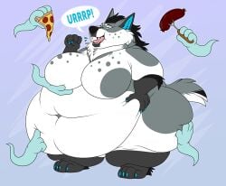 anthro ass bbw belly big_belly big_butt black_hair blue_claws breasts burp burping claws elana_(cereshoss) featureless_breasts feeding female female_only fork fur furry furry_only ghost_hands grey_fur hair holding_belly holding_breast navel obese obese_anthro obese_female overweight overweight_female pepperoni pepperoni_pizza pizza poking poking_belly sausage shikakaka standing thick_thighs white_fur yiff