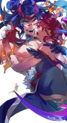 abs blood_moon_evelynn blood_moon_series blue_eyes breasts chest clothed clothing evelynn female hair_ornament heterochromia hugging japanese_clothes kayn league_of_legends looking_at_viewer male male/female muscular muscular_male pecs pectorals red_hair safe_for_work snow_moon_kayn