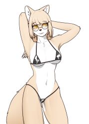 :3 animal_ear_fluff animal_ears animal_nose animal_print anthro armpits arms_behind_head arms_up bikini black-framed_eyewear black_nose blonde_hair body_fur breasts canid canine cleavage clothed clothing collarbone cow cow_print cow_print_bikini cowboy_shot female female_anthro female_focus fox fox_ears fox_girl fox_tail fur furry furry_female genital_outline gluteal_fold hair happy hi_res highres jeifier kemono korfiorano large_breasts long_hair looking_at_viewer looking_to_the_side mammal micro_bikini multicolored_body multicolored_fur navel original parted_lips pussy_outline rebekah round_eyewear sidelocks simple_background smile solo standing stomach string_bikini sunglasses swept_bangs swimsuit swimwear tail tan_body tan_fur tan_hair tinted_eyewear tongue tongue_out two-tone_fur two_tone_body two_tone_fur white_background white_body white_fur yellow-tinted_eyewear yellow_eyes yellow_fur yiff