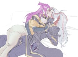 alune bed big_breasts clothed clothing female heartsteel_alune heartsteel_series heartsteel_yone kissing league_of_legends male male/female no_sex only_kiss pink_hair white_hair yone