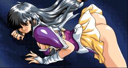 1girls armor ass black_hair bottomless bottomless_female closed_eyes fingerless_gloves game_cg gloves long_hair min-naraken mizuhara_hazuki pauldrons pc98 pixel_art purple_armor shoulder_armor skirt toushin_toshi toushin_toshi_ii yellow_skirt