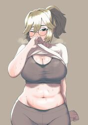 1girls absurdres belly black_eyes blonde_hair breasts bright_pupils brown_background cleavage clenched_hand clothes_pull eye-level_view female female_only glasses grey_leggings grey_sports_bra hair_behind_ear high_ponytail highres kms2605 large_breasts leggings looking_at_viewer mole mole_on_breast mole_on_stomach mole_under_eye navel one_eye_closed original plump ponytail round_eyewear shirt shirt_lift shirt_pull solo sports_bra sweat sweat_stain white_pupils white_shirt