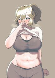 1girls absurdres belly black_eyes blonde_hair breasts bright_pupils brown_background cleavage clenched_hand clothes_pull female female_only glasses grey_leggings grey_sports_bra hair_behind_ear high_ponytail highres kms2605 large_breasts leggings looking_at_viewer mole mole_on_breast mole_on_stomach mole_under_eye navel one_eye_closed original plump ponytail round_eyewear shirt shirt_lift shirt_pull solo sports_bra sweat sweat_stain white_pupils white_shirt