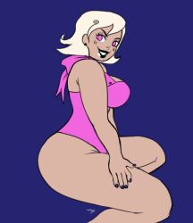 1girls 2021 ass black_lipstick blonde_hair blue_background blue_nails blush breasts clothing dark-skinned_female dark_skin earrings homestuck ms_paint_adventures pink_eyes roxy_lalonde sevendegree short_hair smile solo thick_thighs