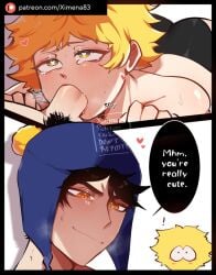 black_hair blonde_hair blowjob blush comic craig_tucker dialogue duo fellatio gay hat heart-shaped_pupils human male/male south_park sucking_penis tweek_tweak tweek_x_craig ximena83 yaoi