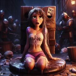 1girls 5boys after_sex ai_generated armor cum dall-e3 disney disney_princess facing_viewer looking_up messy messy_hair midriff miniskirt open_mouth pillory pixar public public_use rapunzel ripped_clothing seiza soldier spoils_of_war stockade stone_floor tangled torn_clothes torn_clothing worried worried_expression worried_face worried_look