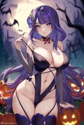 1girls big_breasts breasts cleavage clothing female female_only flower_in_hair genshin_impact goddess hair hair_ornament halloween halloween_costume helloimtea hips huge_breasts legwear long_hair mature mature_female mature_woman mole mole_under_eye nail_polish nails pumpkin purple_eyes purple_hair purple_nail_polish purple_nails raiden_shogun skimpy skimpy_clothes smile solo solo_female thick_thighs thighhighs thighs wide_hips