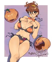 breasts brown_eyes brown_hair candy choker female glasses halloween halloween_costume happy_halloween jack-o'-lantern large_breasts looking_at_viewer lying navel on_back orange_bikini panties pumpkin pumpkin_hair_ornament side-tie_bikini side-tie_panties smile snowcie snowciel solo trick_or_treat underwear wrist_cuffs