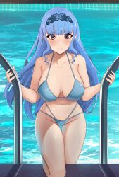 1girls alternate_costume alternate_hairstyle armpit_crease bangs bare_legs bare_shoulders bikini blue_bikini blue_hair blue_swimsuit blush breasts brown_eyes camilitrox_cr cleavage climbing collarbone english_commentary eyelashes female female_only fire_emblem fire_emblem:_three_houses fire_emblem_warriors:_three_hopes highres large_breasts legs long_hair looking_at_viewer marianne_von_edmund medium_breasts navel nintendo official_alternate_hairstyle on_one_knee pool smile solo swimsuit water