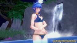 1girls 3d :o alternate_costume bare_thighs bath bathing bikini blue_bikini blue_hair blue_swimsuit braid brown_eyes cleavage cleavage_cutout female female_only fire_emblem fire_emblem:_three_houses fire_emblem_heroes full_moon jollyoldsoldier light_blue_hair looking_at_viewer marianne_von_edmund marianne_von_edmund_(summer) moon night nintendo official_alternate_costume open_mouth outdoors pond short_hair sidelocks solo swimsuit thighs waterfall