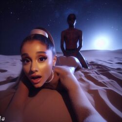 1girls ai_generated ariana_grande ass beach behind_another black_penis blonde_hair brown_hair celebrity crack_pairing crossover dall-e3 dark-skinned_male dark_penis dark_skin desert dreadlocks earrings eyelashes eyeliner female hair_tie hips implied_penetration implied_sex laying_down laying_on_stomach legs lips long_hair looking_at_viewer lying male naked naked_female necklace night night_sky on_front on_stomach open_mouth outdoors ponytail real_person sand shocked shocked_expression shocked_eyes shocked_face sky star tagme tan-skinned_female tan_skin tongue