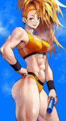 abs absurdres bandaid bandaid_on_face bare_arms biceps blue_sky blush breasts buruma captain_mizuki cloud commentary_request day earrings female fit fit_female hand_on_own_hip highres jewelry large_breasts looking_at_viewer midriff muscular muscular_female navel obliques one-punch_man orange_hair purple_eyes relay_baton revision side_ponytail sky smile solo sweat teeth thighs tomboy yoshi55level