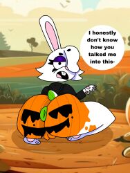 absurd_res annoyed_expression anus ass big_butt bodypaint female goth hi_res hoppygoth_(artist) huge_butt jade_(hoppygoth) lagomorph leporid mammal puffy_anus pumpkin_butt pumpkin_patch rabbit solo