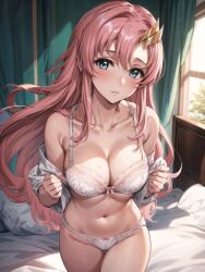 ai_generated blush bra gundam gundam_seed lacus_clyne lingerie looking_at_viewer panties pink_hair