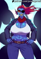 1girls 2d big_breasts blue_body blue_skin cleavage color eyepatch female female_only large_breasts looking_at_viewer navel powergorani red_hair sharp_teeth solo solo_female solo_focus tagme thick_thighs thighs undertale undertale_(series) undyne wide_hips