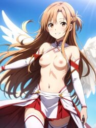 1girls ai_generated angel angel_wings breasts brown_eyes brown_hair female hi_res highres long_hair naked nipples nude pixai red_and_white smile sword_art_online yuuki_asuna