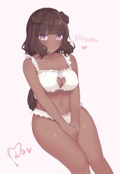 animal_ears artist_logo bra breasts brown_hair cleavage cleavage_cutout collarbone cutout dog_ears dog_girl english_text heart_cleavage_cutout heart_cutout lovdere matching_underwear navel panties text thighs tongue white_bra white_panties