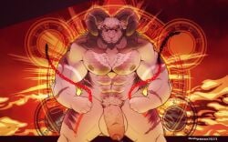 aegir anthro big_pecs bovid caprine chains demonic duskshield genitals goat hi_res horn male male_only mammal nude pecs penis pubes smile smiling_at_viewer smirk smirking_at_viewer solo solo_focus