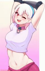 1girls 2d 2d_(artwork) arms arms_behind_head belly belly_button blue_headband clothed clothing crop_top digital_drawing_(artwork) facing_viewer female female_focus female_only fortnite front_view fully_clothed hair image joshopaisen lexa_(fortnite) light_skin looking_at_viewer midriff navel open_eyes open_mouth pink_shorts red_eyes safe_for_work short_hair smiling_at_viewer standing stomach stretching tummy waist white_hair white_shirt winking