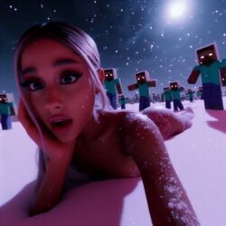 1girls ai_generated ariana_grande behind_another blonde_hair celebrity crack_pairing crossover crowd dall-e3 herobrine imminent_sex laying_down laying_on_stomach minecraft night real_person shocked shocked_expression shocked_eyes shocked_face snow tagme