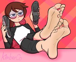 1girls 2d barefoot blush brown_hair feet female foot_fetish foot_focus fully_clothed glasses julie_powers kimberco no_penetration ponytail scott_pilgrim shoes solo solo_female