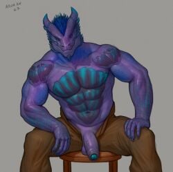 2023 abs aduran balls claws digital_drawing_(artwork) digital_media_(artwork) dragonborn_(dnd) dungeons_and_dragons finger_claws flaccid foreskin genitals glans hasbro hi_res horn humanoid_genitalia humanoid_penis looking_at_viewer male muscular muscular_male navel penis purple_body simple_background sitting solo wizards_of_the_coast