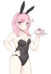 1female 1girls anger_vein animal_ears background breasts bunny_ears bunny_suit bunnysuit cake cleavage collarbone dessert doki_doki_literature_club female girl lovdere natsuki_(doki_doki_literature_club) pink_eyes pink_hair plate simple_background slice_of_cake solo solo_female solo_focus strawberries strawberry thighs white_background