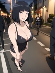 1girls ai_generated black_hair black_outfit boruto:_naruto_next_generations busty cleavage crowd curvy female hi_res highres hooker hyuuga_hinata milf mommy naruto pixai prostitute red_lipstick short_dress short_hair smile street white_eyes whore