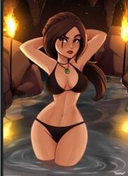 abs bikini black_bikini brown_hair busty cave cavern female female_focus female_only green_necklace hands_behind_head hourglass_figure human lara_croft lara_croft_(survivor) long_hair magaska19 navel navel_line necklace obliques slender_waist solo standing tomb_raider tomb_raider_(survivor) torch water wide_hips