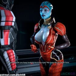 1boy 1girls 3d alien alien_girl armor asari athletic_female athletic_male big_breasts blue_skin bodysuit breasts cleavage commander_shepard daz3d dialogue dressed english_text female female_focus game gold_(metal) grey_eyes humor indoors jackgb light-skinned_male light_skin mass_effect mass_effect_2 mature_female my_tits_are_down_here no_hair no_sex parody red_clothing samara sci-fi shiny_skin space spacesuit suit tagme text why_do_you_keep_looking_me_in_the_eyes?_my_huge_tits_are_down_here_(meme) window