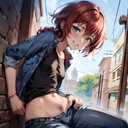 1girls ai_generated arbitrary braid city cityscape darker_than_black denim green_eyes grinning hi_res jeans looking_at_viewer lowleg_pants midriff navel open_pants pubic_hair red_hair stable_diffusion suou_pavlichenko sweat sweatdrop sweating urban