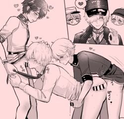 3boys anal anal_sex andrew_kreiss ass bent_over bishonen blush bottomless censored closed_eyes cum cum_drip dual_persona erection fellatio gay hair_over_one_eye half-closed_eyes handjob handjob_from_behind handjob_while_penetrating heart heart-shaped_pupils identity_v kneeling male male/male medium_hair monochrome multiple_boys ok_sign open_mouth oral penis sex sex_from_behind shirt skinny smile standing sweat tendenbarabara threesome tie victor_grantz x-ray yaoi