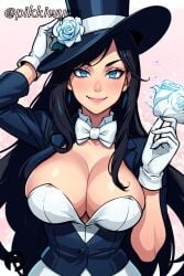 1girls ai_generated batman_(series) black_hair blue_eyes boobs bow bowtie breast breasts cleavage curvaceous curvy curvy_body curvy_female curvy_figure dc dc_comics exposed exposed_breast exposed_breasts eyelashes female female_only flower gloves happy happy_female hat hourglass_figure inner_sideboob large_breasts light-skinned_female light_skin long_hair looking_at_viewer pikkiwynn rose rose_(flower) seductive seductive_eyes seductive_gaze seductive_look seductive_mouth seductive_pose seductive_smile smile smiling solo solo_female top_hat voluptuous voluptuous_female white_bow white_gloves white_rose woman zatanna zatanna_zatara