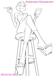 1girls 2023 bedroom_eyes cartoon_network chickpea crystal_gem female female_only gem_(species) grey_theme heels holding_pencil legs_crossed looking_at_viewer looking_down looking_down_at_viewer monochrome notepad open_toe_shoes pearl_(steven_universe) pencil pointy_nose short_hair sitting sitting_on_stool sketch smile steven_universe stool toes waitress waitress_uniform white_background worm's-eye_view