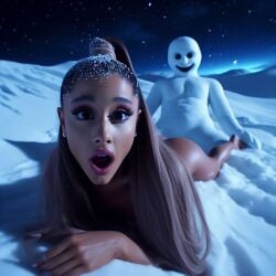 1girls ai_generated ariana_grande behind_another brown_hair celebrity crack_pairing crossover crowd dall-e3 implied_penetration implied_sex laying_down laying_on_stomach night real_person reverse_cowgirl_position shocked shocked_expression shocked_eyes shocked_face snow snowman tagme