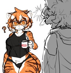 1girls 2023 ? ambiguous_gender anthro arknights big_breasts blush breasts brown_fur brown_hair embarrassed english_text featureless_breasts feline female furry furry_only glasses huge_breasts long_tail mug orange_eyes orange_fur orange_hair panties pubic_tuft simple_background sixpixpen striped_body striped_fur tail tank_top tiger tiger_ears tiger_girl tiger_tail translucent_clothing waai_fu_(arknights) white_fur white_hair yiff