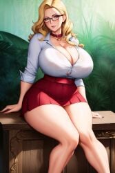 adult ai_generated belt big_breasts blonde_female blonde_hair blouse blush breasts breasts_bigger_than_head buttons cleavage collar commentary_request curvaceous curvy curvy_female curvy_figure deep_cleavage earrings female glasses hips hourglass_figure huge_breasts lia_the_busty_redhead long_hair looking_at_viewer makeup massive_breasts mature mature_female mature_woman milf original original_character red_skirt seductive short_skirt sitting skirt tagme teacher thick thick_thighs thighs tight_clothes tight_clothing tight_fit wavy_hair wide_hips