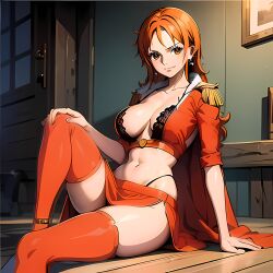 1girls ai_generated alternate_costume big_breasts epaulettes female female_only hourglass_figure huge_breasts lace lace_trim large_breasts legwear looking_at_viewer nami nami_(one_piece) notacthulhu one_piece orange_hair post-timeskip red_clothing red_legwear smile tagme