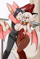 bat_ears bat_humanoid big_breasts breasts bunnysuit catmaid_(dizzyspells) chiropteran cleavage couple female hips huge_breasts lucyfercomic male original original_character original_characters roy_(lucyfercomic)