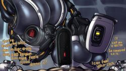 1boy 1girls ass big_ass big_breasts breasts dialogue dicksucking_machine epsi110 female fleshlight glados huge_ass human human_penetrating light-skinned_male looking_at_viewer male one_eye penis_milking_machine portal_(series) pov robot robot_girl sex thick_ass