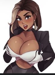 1girl 1girls antonia_(fortnite) astonished big_boobs big_breasts big_cleavage black_jacket blush blushing blushing_at_viewer brown brown_eyes bursting_breasts cleavage dark-skinned_female dark_skin earring female female_focus female_only fortnite fortnite:_battle_royale gasp gloves hair holding_own_breasts human jacket magaska19 open_clothes open_jacket open_mouth red_lipstick revealing_clothes solo solo_female solo_focus surprised surprised_expression two_tone_hair white_gloves young_woman younger_female