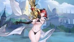 anime_style areolae big_breasts blue_eyes bra castle claws female gloves hat hoodie huge_breasts long_hair lunoxean mobile_legends mobile_legends:_adventure natalia_(mobile_legends) nude_edit panties red_hair rpg solo voluptuous weapon