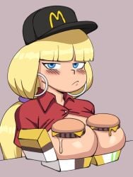 1girls annoyed big_breasts blonde_hair blue_eyes blush boob_burger breasts darkeros13 disney disney_channel disney_xd earrings fast_food_uniform female female_only food_fetish food_in_mouth food_play gravity_falls hamburger hat hoop_earrings human human_only large_breasts long_hair mcdonald's pacifica_northwest solo thedarkeros uniform your_order_is_ready_(meme)