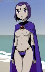 1girls accurate_art_style ai_generated bottomless breasts cape cape_only cartoonforge cartoony casual_exposure casual_nudity dc naked naked_female nipples nude nude_female official_style petite public public_nudity rachel_roth raven_(dc) skinny slim small_breasts superhero superhero_costume superheroine teen_titans