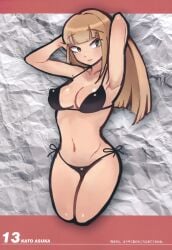 1girls armpit bangs bikini black_bikini blonde_hair blunt_bangs doujinshi eyebrows_visible_through_hair female_focus female_only flat_stomach full_color hips hourglass_figure katou_asuka light_skin long_hair medium_breasts nipples_visible_through_clothing pinup slim_waist smile solo solo_female solo_focus stomach straight_hair swimsuit tes waist watashi_ga_motenai_no_wa_dou_kangaetemo_omaera_ga_warui! wide_hips yellow_eyes