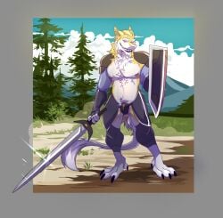 allorexx anthro hi_res male melee_weapon pubes sergal shield solo solo_male sword weapon