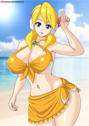 1girls alia android beach big_breasts bikini blonde_hair blue_eyes cleavage female large_breasts looking_at_viewer mausartist mega_man mega_man_x mega_man_x_dive robot solo swimsuit thighs