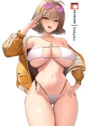 1girls anis_(nikke) anis_(sparkling_summer)_(nikke) breasts brown_eyes brown_hair cleavage eyepatch_bikini feikyart female goddess_of_victory:_nikke hips huge_breasts light-skinned_female light_skin short_hair solo thick_thighs thighs wide_hips